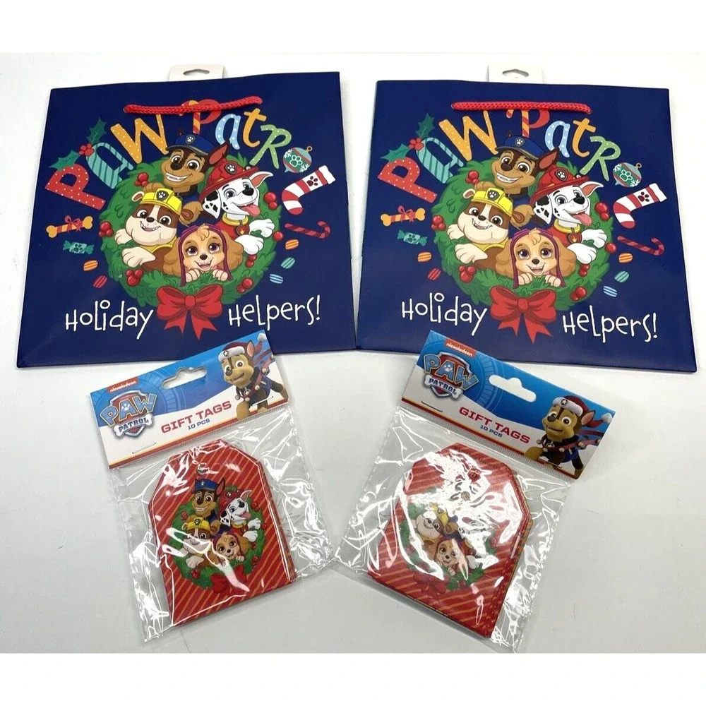 Lot Set PAW PATROL Christmas Gift Bags (2) & Hanging Tags (2 Packs of 10)